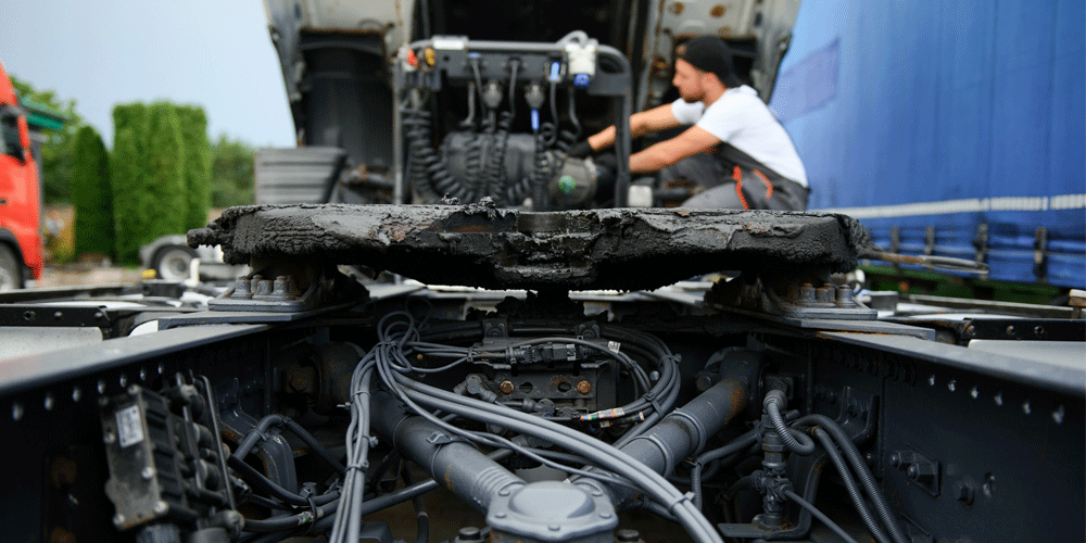 Diesel mechanic working on truck.