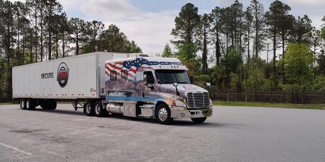ATS secure semi-truck with American flag, patriotic decal, parked in a lot; SF-86 disqualifiers; Anderson Trucking Service