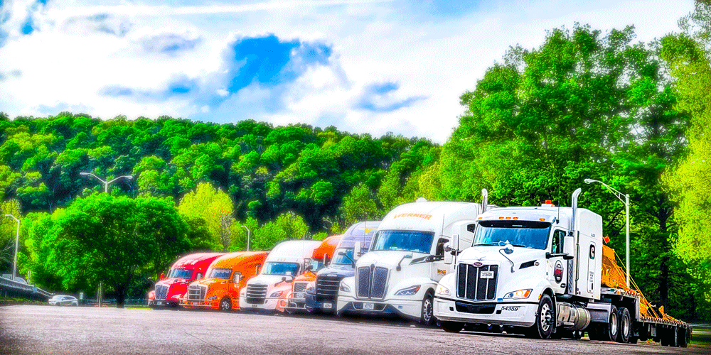 7 semi-trucks lined up in a tree-lined parking area.