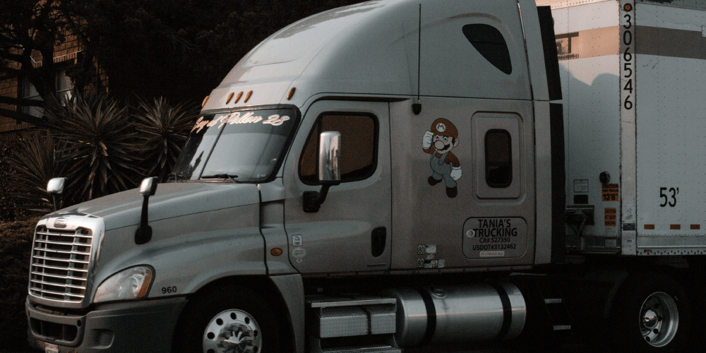 Grey semi-truck with Mario decal and attached dry van trailer.