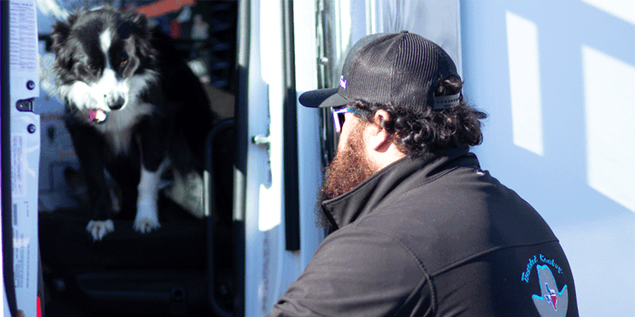 Driver getting into truck. Dog is in driver's seat looking down at him. Best Trucking Companies with Pet Policies