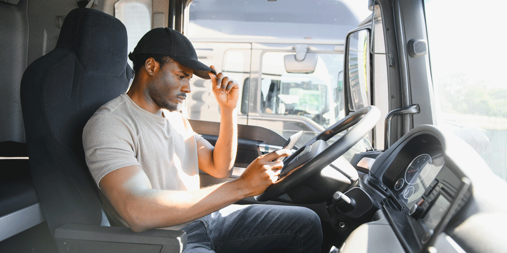 Truck driver in his semi-truck trip planning.