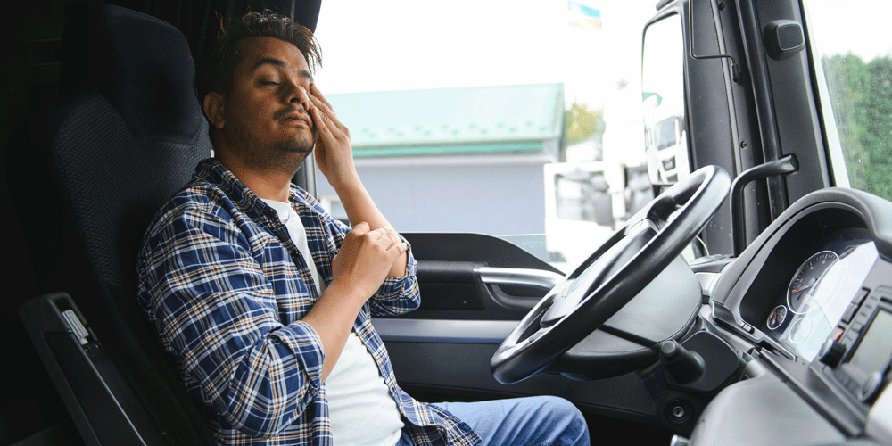 Hot, tired truck driver behind the wheel. 