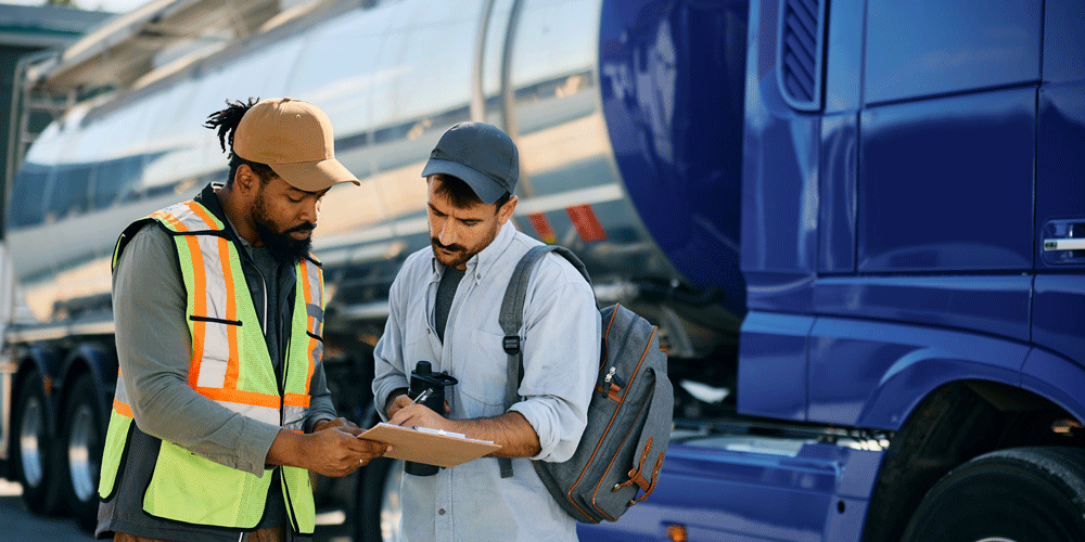 Two truck drivers talking over paperwork in front of a tanker truck.