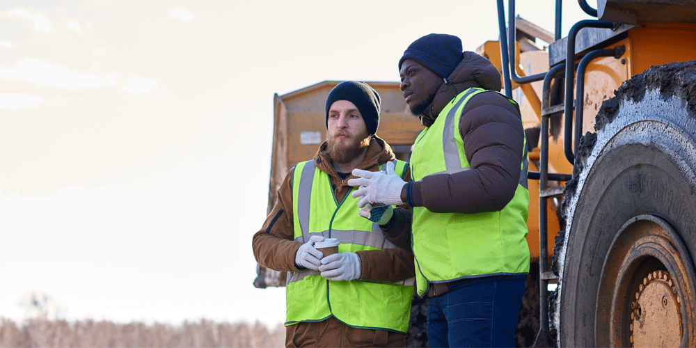 Two men in coats and hats and reflective vests talking by construction equipment.