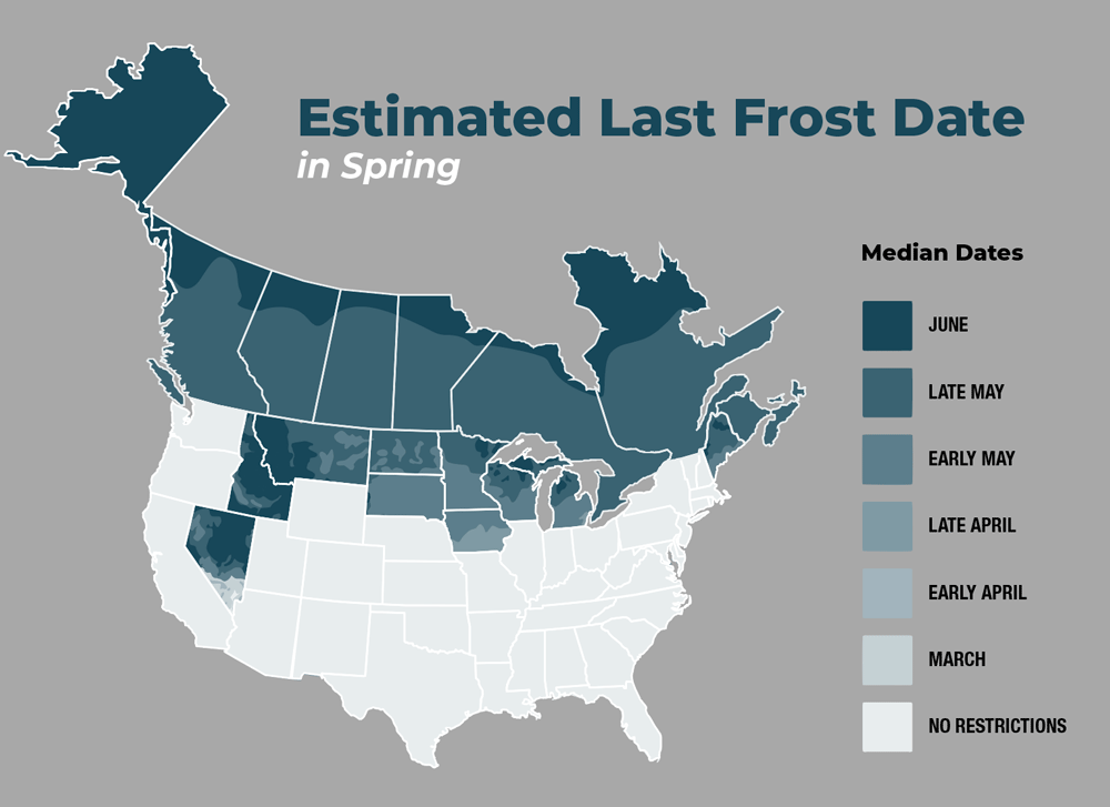 United States map color-coded according to estimated last frost date.