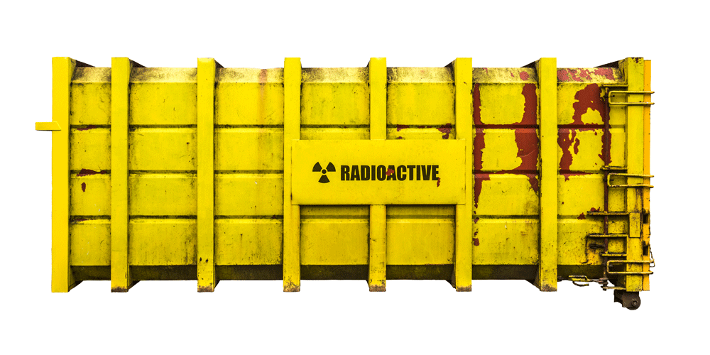 Large yellow container filled with radioactive materials.
