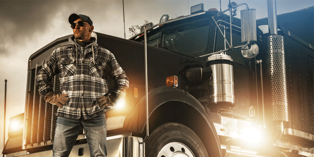 Proud driver with his hands on his hips standing in front of his black truck. 