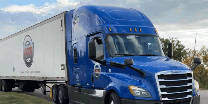 Blue ATS dry van semi-truck parked; weight distribution on a van trailer, reefer, Anderson Trucking Service