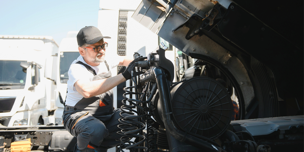 Diesel mechanic repairing a semi-truck.