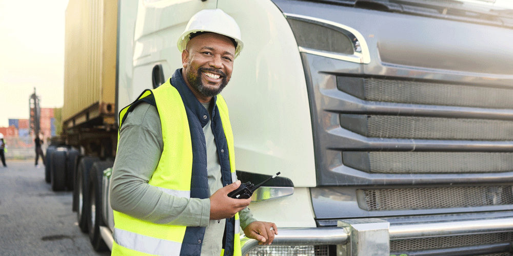 Truck driver in a construction hat and bright yellow vest standing in front of a white semi-truck.