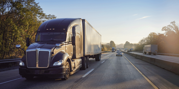Truck driving toward camera on a two-lane highway.