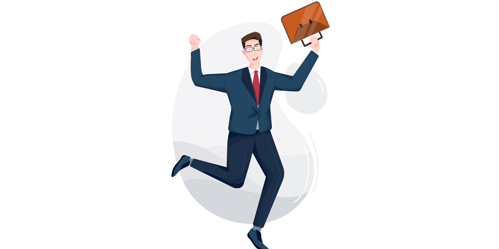 Hopping cartoon business man holding a briefcase.