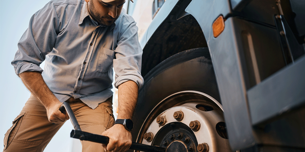 Truck driver man changing semi-truck tire.