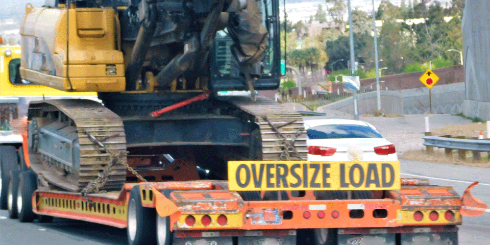 Oversize construction equipment and oversize load yellow banners.