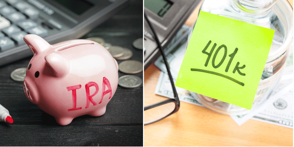 Piggy bank with IRA written in red. 401k written on a green sticky note.