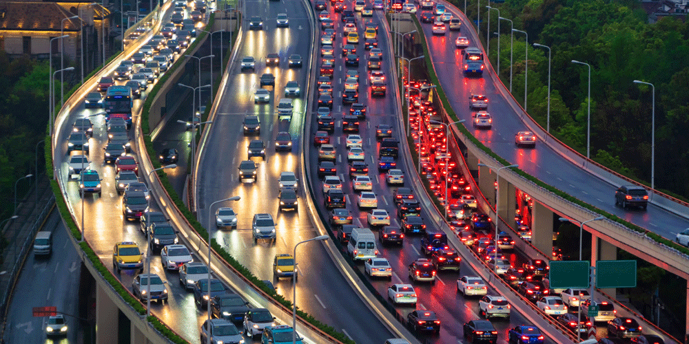 Congested highways at dusk.