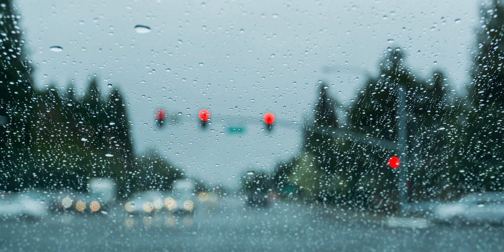 Rain dotted windshield.