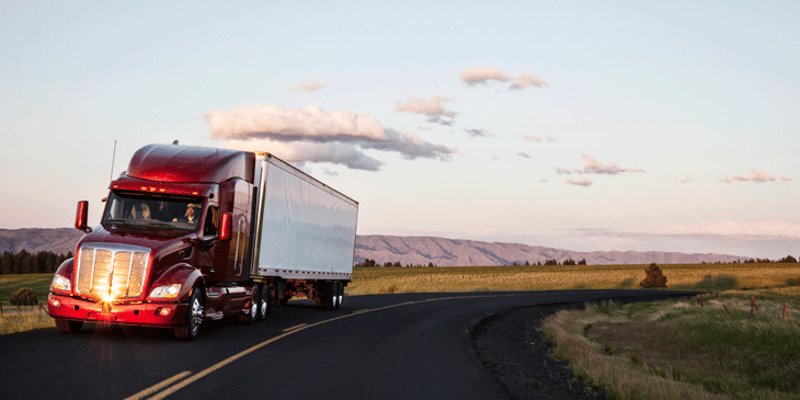 Red semi-truck with dry van trailer driving through grasslands.