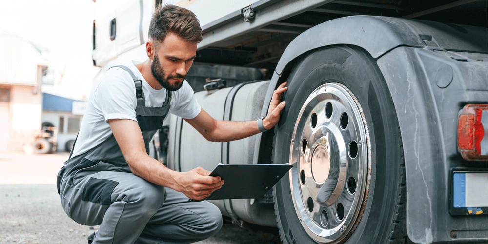 Man in coveralls inspecting a tire. He holds a clipboard.