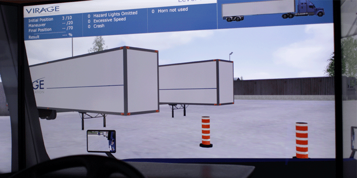Practicing backing up in a trailer on CDL simulator