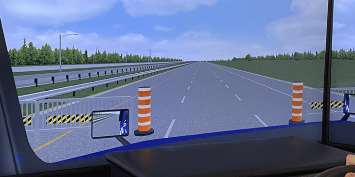 Front view while driving in CDL simulator and practicing accuracy and spatial distance
