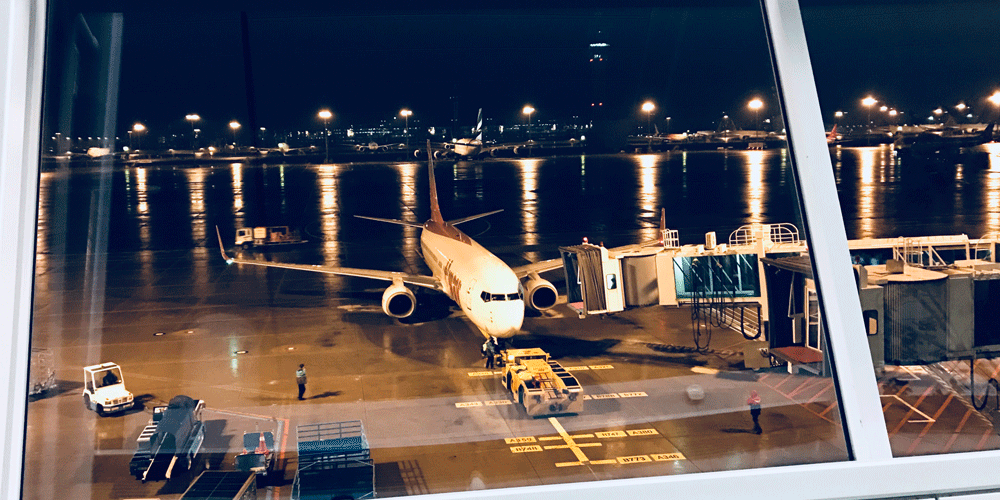 A photo of a plane at the gate at nighttime. The photo is taken from a window in the airport.