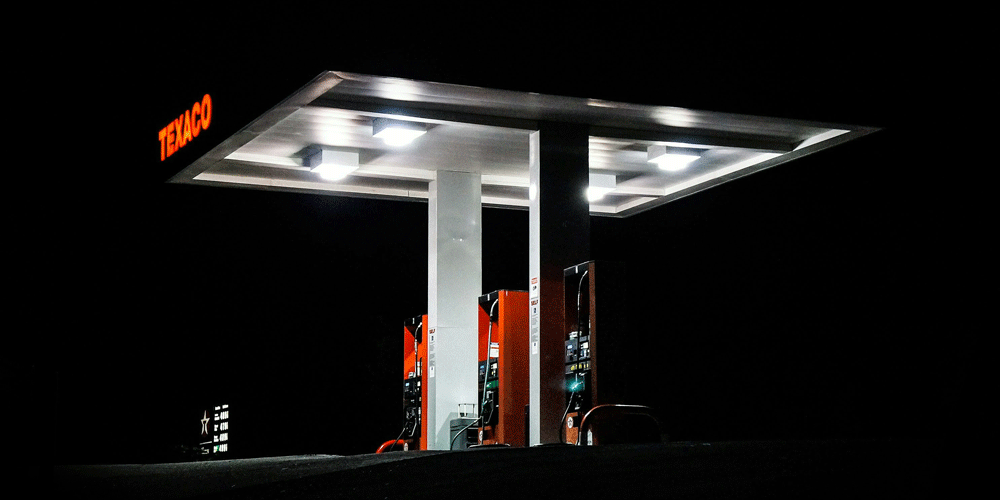 Fuel island at night.