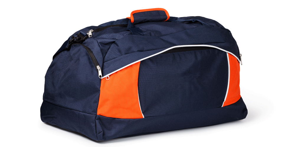 Full dark blue and orange duffle bag.