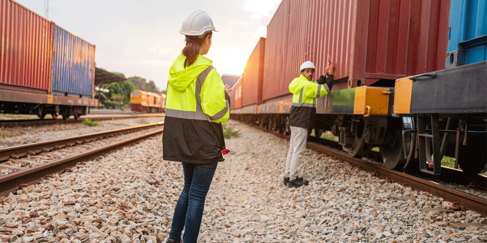 Workers in safety jackets and vests investigating a rail car.