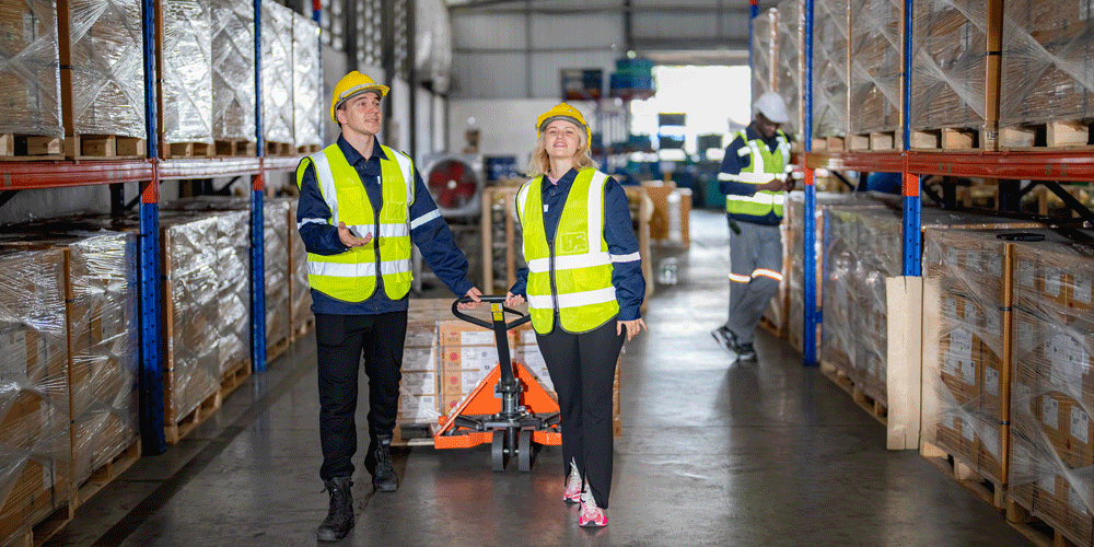 Two workers in safety vests and hats walking through a warehouse.