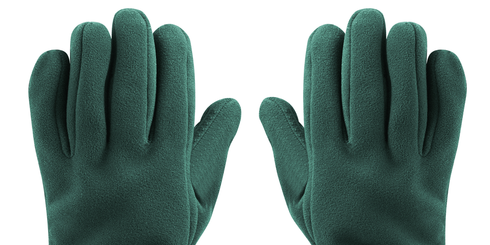 A pair of thick forest green cotton gloves.
