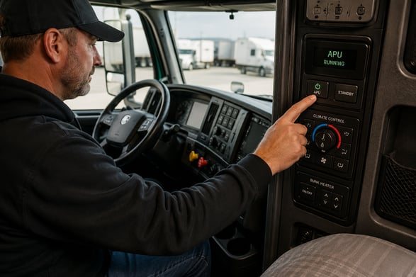 Truck driver turning on an auxiliary power unit (APU) using the cab control panel; ATS